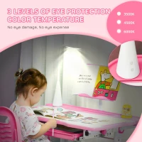 Qaba Kids Desk and Chair Set, Height Adjustable School Study Table and Chair, Student Writing Desk with Tilt Desktop, LED Light, Pen Box, Drawer, Reading Board, Cup Holder, and Pen Slots, Pink(m-5)