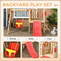Outsunny 4-in-1 Wooden Swing Set with Swing, Slide, Horn, Steering Wheel, Red(m-4)