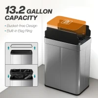 HOMCOM 13.2 Gallon (50 L) Sensor Can, Garbage Can with Soft-Close Butterfly Lid, Fingerprint-Proof Stainless Steel, Silver(m-5)