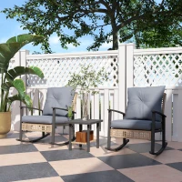 Outsunny 3 Pieces Bistro Set, Patio Wicker Furniture Set with Button Tufted Cushions, Rattan Rocking Chairs, Coffee Table, Gray(m-10)