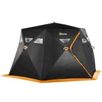 Outsunny 4 Person Insulated Pop-Up Ice Fishing Shelter, 360-Degree View, Portable Ice Fishing Tent Shanty with Carry Bag, Two Doors and Anchors for Low-Temp -22℉, Black and Orange(m-11)