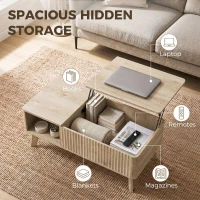 HOMCOM 40" Fluted Lift Top Coffee Table with Storage, Mid-Century Coffee Table with Hidden Compartment, Open Shelf, Oak(m-5)