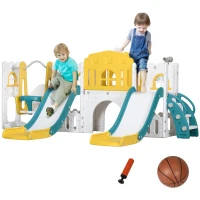 Qaba 8 in 1 Toddler Slide and Swing Set w/ 2 Slides, Basketball Hoop, Climber, Storage Space Telescope, Yellow(m-11)