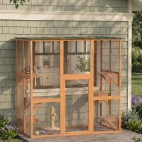 PawHut 71" x 39" x 71" Cat Cage, Large Outdoor Wooden Cat Patio with 6 Balanced Platforms and Asphalt Roof, Orange(m-1)