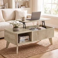 HOMCOM 40" Fluted Lift Top Coffee Table with Storage, Mid-Century Coffee Table with Hidden Compartment, Open Shelf, Oak(m-1)