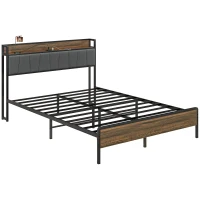 HOMCOM Full Size Bed Frame with Charging Station, Full Bed Frame with Upholstered Headboard and Storage Shelf, Walnut(m-9)