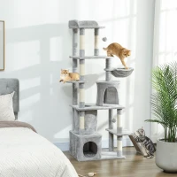 PawHut 67" Large Cat Tree with 7 Scratching Posts, Tunnel, 2 Condos, Hammock, Perch, Ramp, Pompoms, Light Grey(m-8)