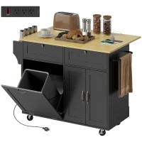 HOMCOM Kitchen Island Cart with Charging Station and Drop Leaf, Kitchen Island Table on Wheels with Trash Can Cabinet, Black(m-10)