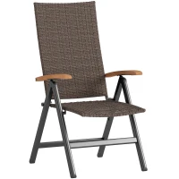 Outsunny Folding Wicker Patio Dining Chair with 5-level Reclining Back, Wooden Armrests for Outdoor, Garden, Backyard, Brown(m-9)