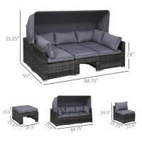 Outsunny 4-Piece Outdoor Rattan Wicker Sofa Set Patio Furniture Sets with Retractable Sun Canopy, Deep Soft Cushions & Classic Design, Grey(m-5)