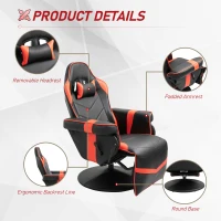 Vinsetto High Back Racing Style Gaming Chair, PU Leather Gamer Recliner Chair with Swivel Pedestal Base, Adjustable Footrest, and Head Pillow, Red(m-6)