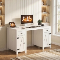 HOMCOM 53" Farmhouse Executive Desk, Computer Desk with Drawers and 2 Cabinets, Study Table for Home Office, White Wood Grain