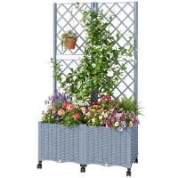 Outsunny Planter Box with Trellis, Self Watering Raised Garden Bed with Lockable Wheels and Drainage Holes, Gray(m-1)