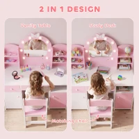 Qaba Kids Vanity Set, Toddler Dressing Table and Chair Set  with Lighted Bow Mirror, Cabinet, Drawer and Shelves, Pink(m-7)