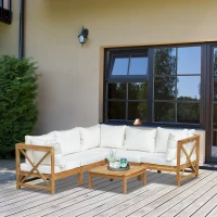 Outsunny 6-Piece Patio Furniture Set, Wooden Conversation Set, Modular Design Sectional Sofa Set with Coffee Table & 8 Pillows for Lawn, Backyard, White(m-2)