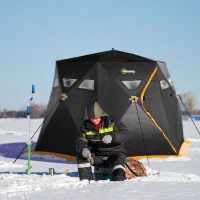 Outsunny 4 Person Insulated Pop-Up Ice Fishing Shelter, 360-Degree View, Portable Ice Fishing Tent Shanty with Carry Bag, Two Doors and Anchors for Low-Temp -22℉, Black and Orange(m-2)