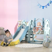 Qaba 4 in 1 Toddler Slide and Swing Set with Adjustable Seat Height and Basketball Hoop, Freestanding Kids Climber Slide Playset with Basket Ball for Indoor Playground 18-60 Months(m-2)