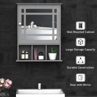 kleankin Bathroom Cabinet Wall Mount with Mirror Door 3 Shelf Organizer for Bathroom, Kitchen, Bedroom, Grey(m-4)