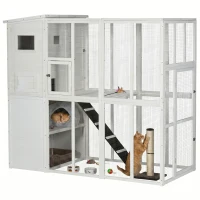 PawHut 68.7" H Cat Cage Large Wooden Outdoor Cat House with Large Run for Play, Catio for Lounging, and Condo Area for Sleeping, White(m-9)