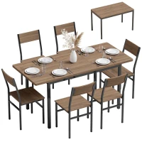 HOMCOM 7-Piece Industrial Dining Table Set for 4-6 Kitchen Table and Armless Chairs, Brown Wood Grain(m-13)