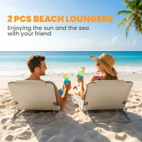 Outsunny 2 Pieces Beach Lounge Chair, Outdoor Folding Chaise Lounge Set w/ Pillow for Sunbath, Snap, Beige(m-4)
