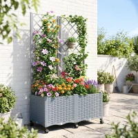 Outsunny Planter Box with Trellis, Self Watering Raised Garden Bed with Lockable Wheels and Drainage Holes, Gray(m-10)