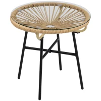 Outsunny Rattan Side Table, Round Outdoor Table, with Round PE Rattan and Tempered Glass Table Top for Patio, Garden, Beige(m-9)