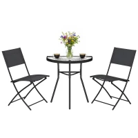 Outsunny Outdoor Bistro Set, 3 Piece Patio Furniture Set with Folding Chairs, Semi-Circle Glass Top Table, Black(m-9)