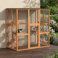 PawHut 71" x 39" x 71" Cat Cage, Large Outdoor Wooden Cat Patio with 6 Balanced Platforms and Asphalt Roof, Orange(m-10)