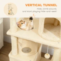 PawHut 67" Large Cat Tree with 7 Scratching Posts, Tunnel, 2 Condos, Hammock, Perch, Ramp, Pompoms, Beige(m-6)