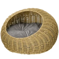 PawHut Rattan Cat Bed with Washable Cushion for Cats, Puppies, Light Brown(m-1)