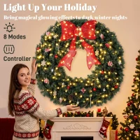 HOMCOM Artificial Xmas Wreath, 48 Inch Pre-Lit Christmas Wreath with 200 LED Lights, Lighted Bow and 31 Ornament Set, Green(m-5)