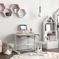 Qaba Height Adjustable Kids Desk and Chair Set with Tilt Desktop, Large Writing Board, Storage Drawer, Book Stand, Grey(m-8)