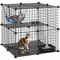 PawHut 2 Tier Cat Cage Crate, DIY Pet Playpen with 2 Doors, Ladder, Hammock, Perch, Indoor Playpen for Kittens, Black(m-9)