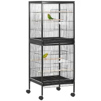PawHut 55.1" 2 In 1 Bird Cage Aviary Parakeet House for finches, budgies with Wheels, Slide-out Trays, Wood Perch, Food Containers, Black(m-2)