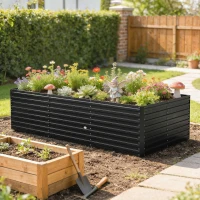 Outsunny 8 x 4 x 2ft Galvanized Raised Garden Bed, Reinforced Outdoor Planter Box with Open Bottom, Black(m-1)
