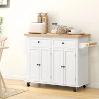 HOMCOM Kitchen Island with Storage, Rolling Trolley Cart with Rubber Wood Top, Spice Rack, Towel Rack, Cream White(m-8)