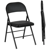 HOMCOM Set of 2 Metal Foldable Chairs, PU Leather Padded Folding Chairs with Cushion Seat and Open Back for Indoor, Black(m-2)