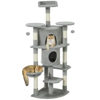 PawHut 62" Cat Tree with Scratching Post, 2 Condos, Hammock, Perches, Plush, Pompoms, for Indoor Cats, Light Grey(m-9)