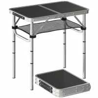 Outsunny 2ft Folding Camping Table, Picnic Table with Mesh Storage Layer, 4 Adjustable Heights and Carrying Handle, Black(m-9)