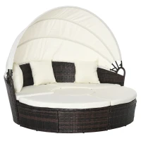 Outsunny 4pc Rattan Patio Furniture Set, Round Convertible Daybed or Sunbed, Adjustable Sun Canopy, Sectional Outdoor Sofa, 2 Chairs, Table, 3 Pillows, PE Plastic Wicker, Beige(m-1)