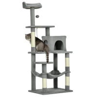 PawHut Tall Cat Tree for Indoor Cats, 56" Multi-Level Cat Tower with Hammock, Cat Bed, Cat Condo with Sisal Scratching Posts, Grey(m-9)