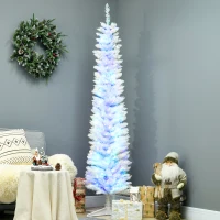 HOMCOM 7' Prelit Christmas Trees, Pencil Artificial Christmas Tree with Colourful Surface Tips, Colourful LED Lights, White(m-8)