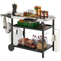 Outsunny Outdoor Bar Cart BBQ Table with Wheels, Stainless Steel Pizza Oven Stand, Outdoor Kitchen Cart with Storage and Hooks(m-9)