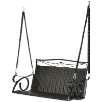 Outsunny PE Wicker Porch Swing, 2-Seater Hanging Swing Bench with Chains, 528 LBS Weight Capacity, Flourishes, Brown(m-11)