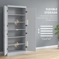 HOMCOM 70" Kitchen Pantry Cabinet, Freestanding Storage Cabinet with 4 Doors and 2 Adjustable Shelves for Dining Room, Gray(m-5)