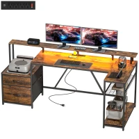 HOMCOM 76" Gaming Desk, Computer Table with RGB Lights, USB Ports, Monitor Stand and 2 Fabric Drawers, Rustic Brown(m-2)