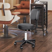 HOMCOM PU Leather Adjustable Rolling Stool, Round Swivel Drafting Stool with Back, Wheels, Black(m-1)
