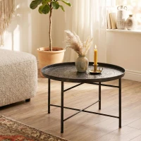 HOMCOM Coffee Table for Living Room, 24" Round Center Table with Hammered Tray Top and Metal Frame for Bedroom, Pewter(m-9)
