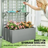 Outsunny Wooden Raised Garden Bed with Trellis and Roof, Elevated Planter Box with 2 Shelves, Drainage Hole and Liner, Grey(m-6)